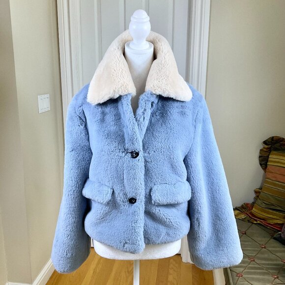 Shaci Jacket Faux Fur Cropped Big Collar Blue Cream Button Front (S) - Picture 1 of 9